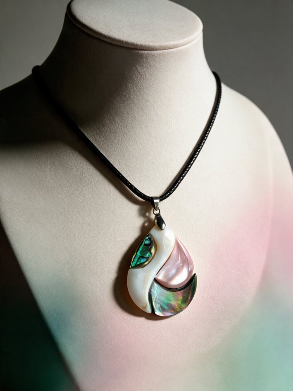 Abalone & Mother of Pearl Artisan Pendant Necklace on Leather Cord